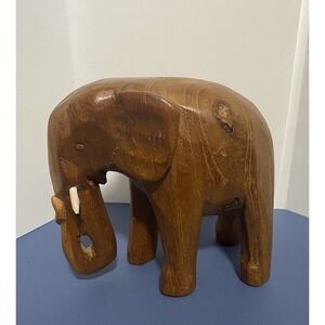 Vintage Hand Carved Solid Wood Elephant Figurine Statue In-laid Tusks Boho Decor
